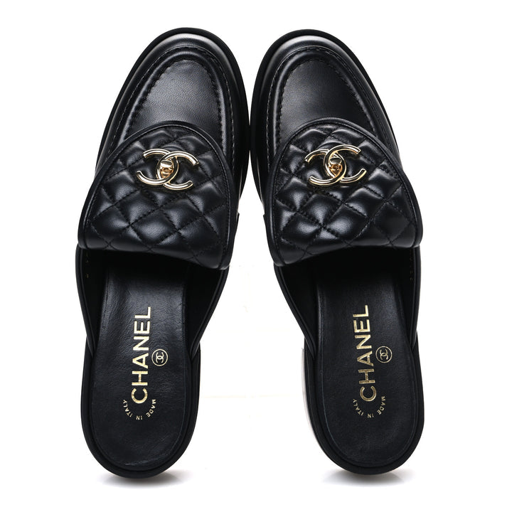 Channel Black Quilted Leather Flat Mule Slides