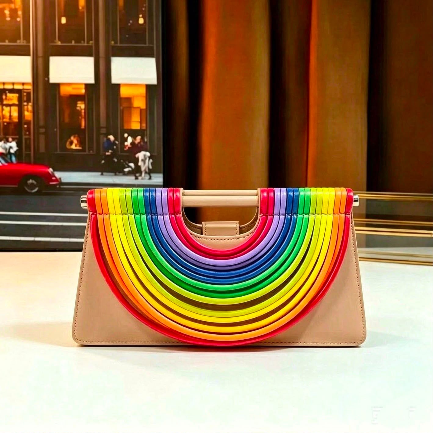 Bottega-Rainbow Multicolor Ribbed Arch Handle Clutch Bag