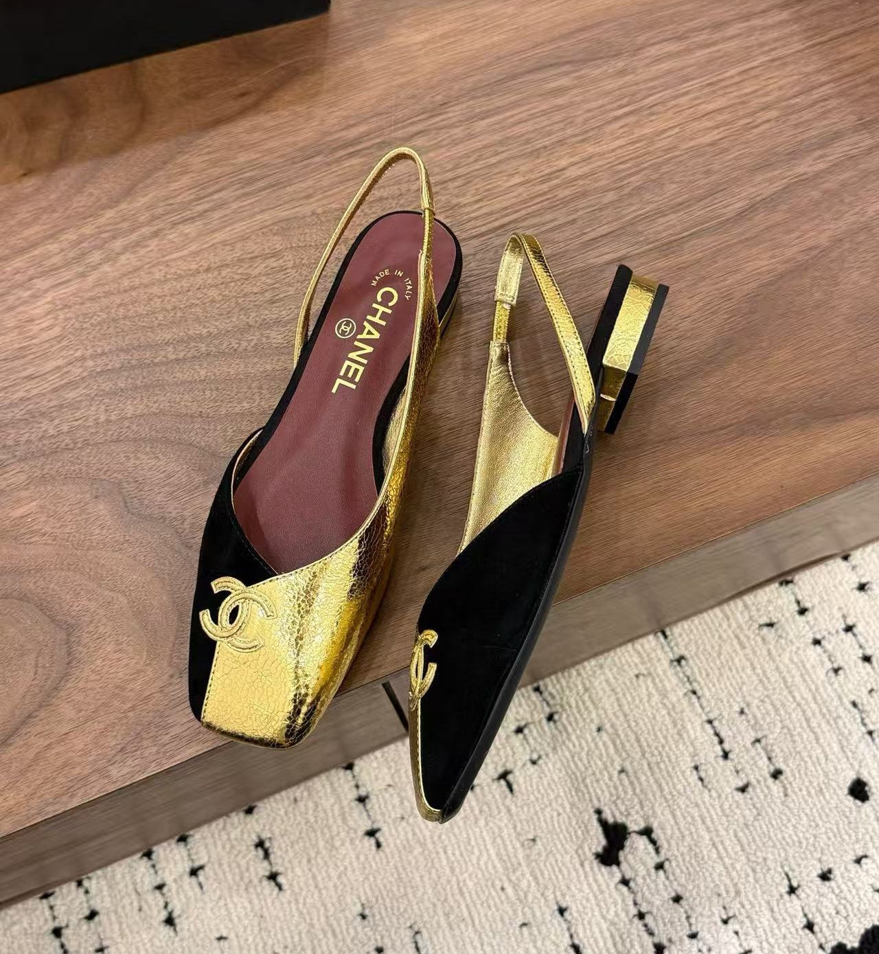 Chanel-Inspired Metallic Gold & Black Slingback Flats