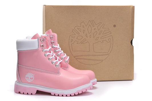 Timberland Pink Leather Lace-Up Boots with White Collar