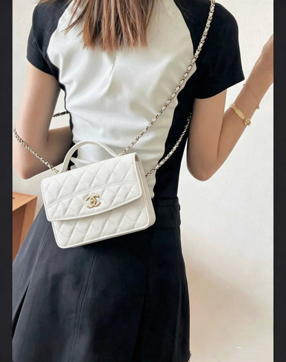 Channel White Quilted Top Handle Bag with Chain Strap