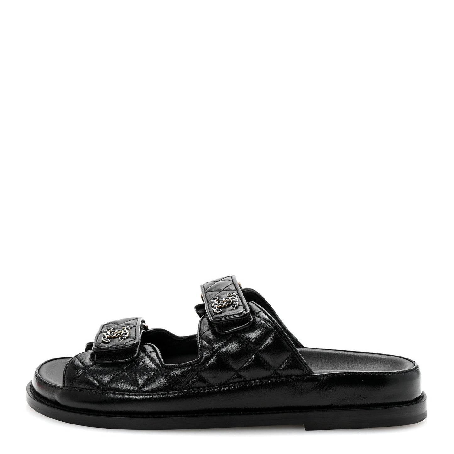 Channel Black Quilted Leather Double Strap Sandals