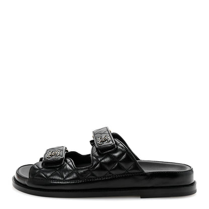 Channel Black Quilted Leather Double Strap Sandals
