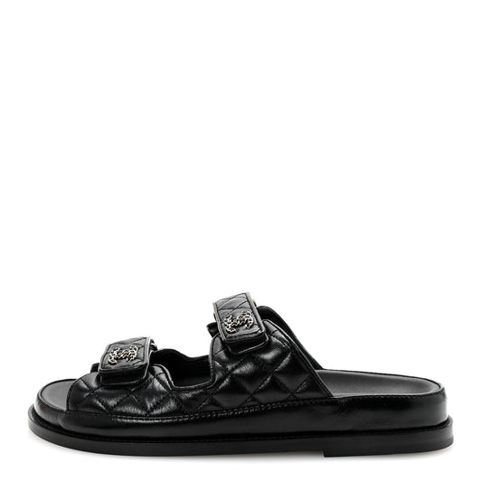 Channel Black Quilted Leather Double Strap Sandals