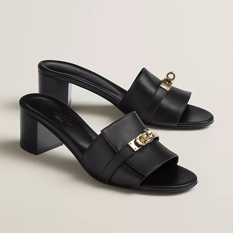 Black Leather Slide Sandals with Silver Buckle – Hermès