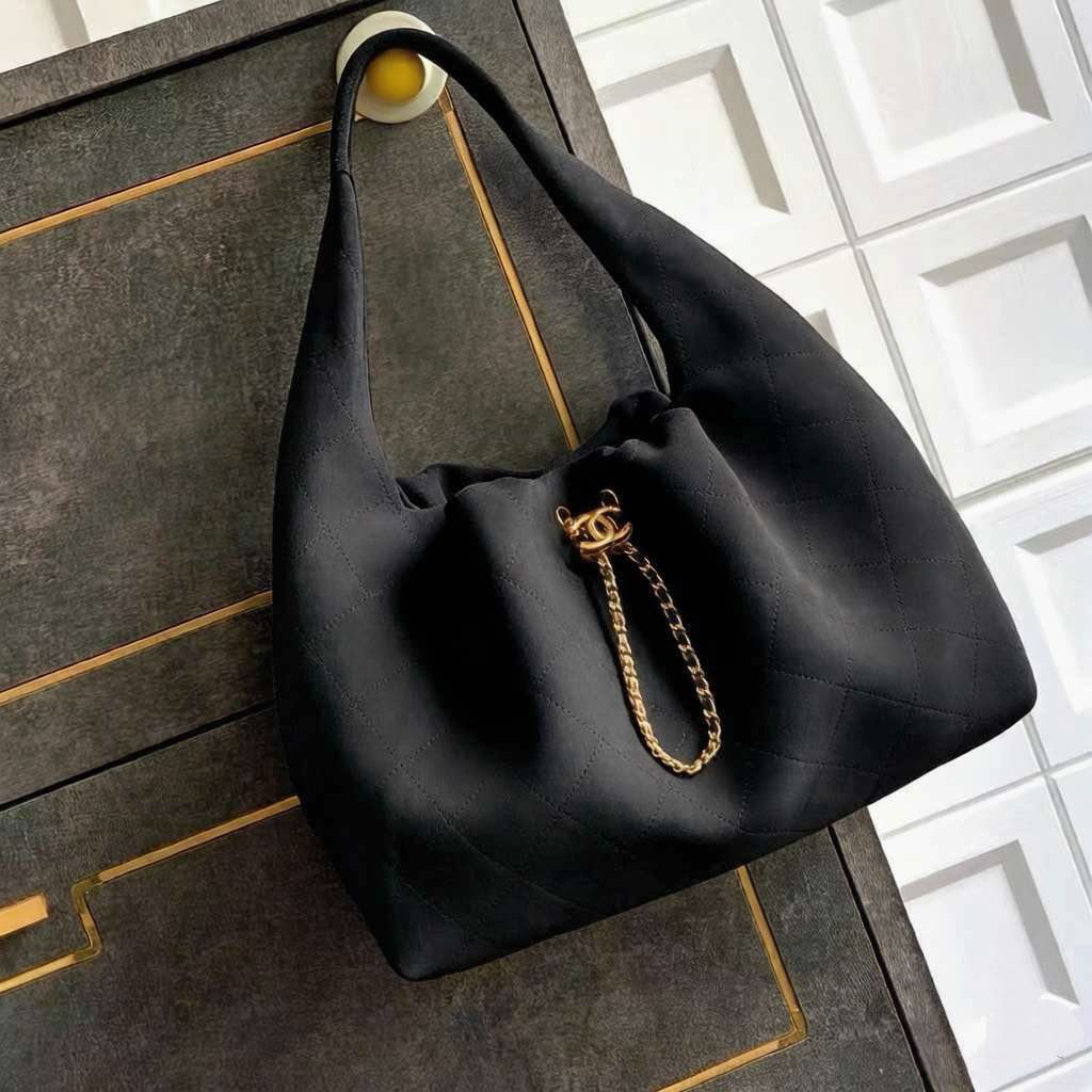 Channel Black Quilted Suede Hobo Bag with Chain Detail