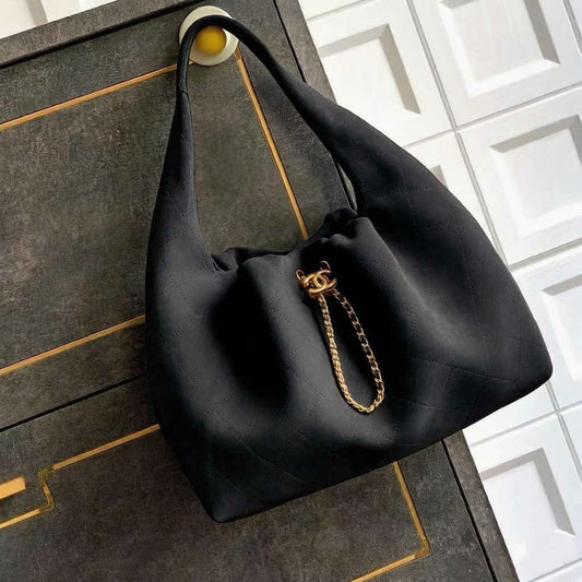 Channel Black Quilted Suede Hobo Bag with Chain Detail