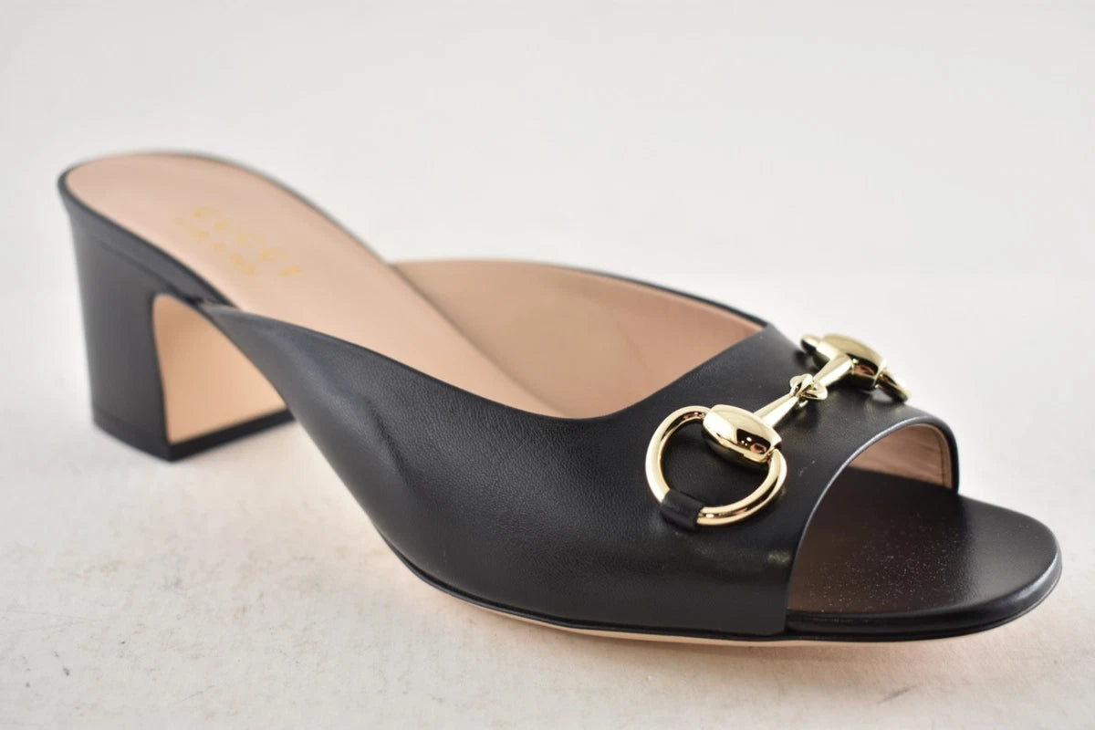 Gucci Black Leather Horsebit Block Heel Slide Sandals
