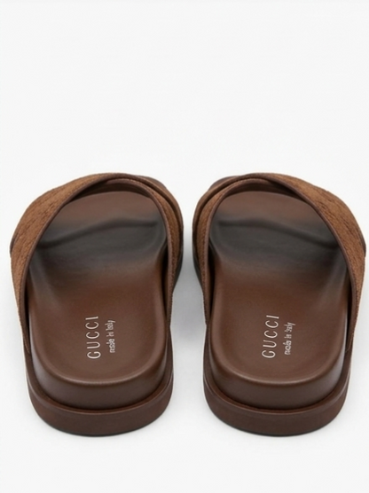 Gucci GG Suede Crossover Slide Sandals Brown Men's Designer Slides