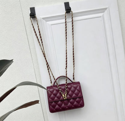 Channel-Burgundy Quilted Top Handle Bag with Gold Chain Strap