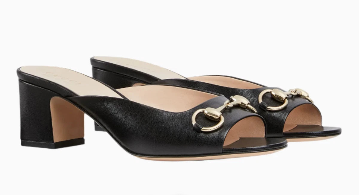 Gucci Black Leather Horsebit Block Heel Slide Sandals