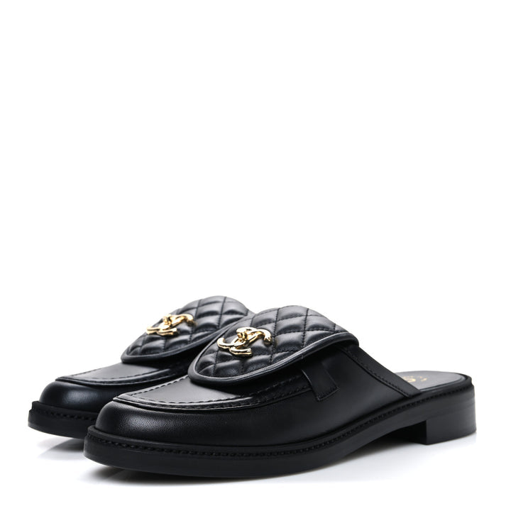 Channel Black Quilted Leather Flat Mule Slides