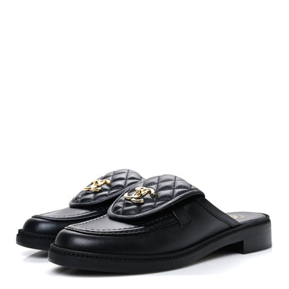 Channel Black Quilted Leather Flat Mule Slides