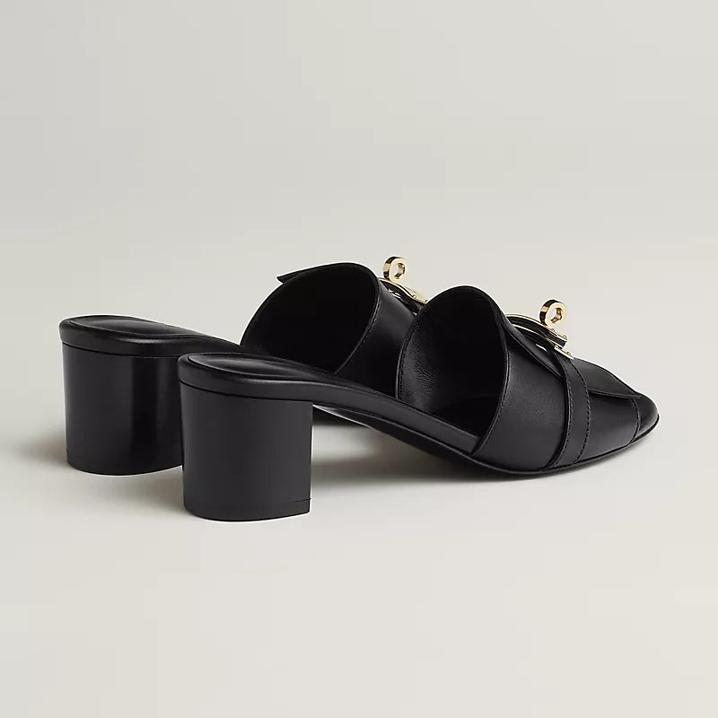 Black Leather Slide Sandals with Silver Buckle – Hermès