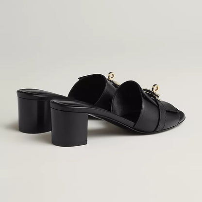 Black Leather Slide Sandals with Silver Buckle – Hermès