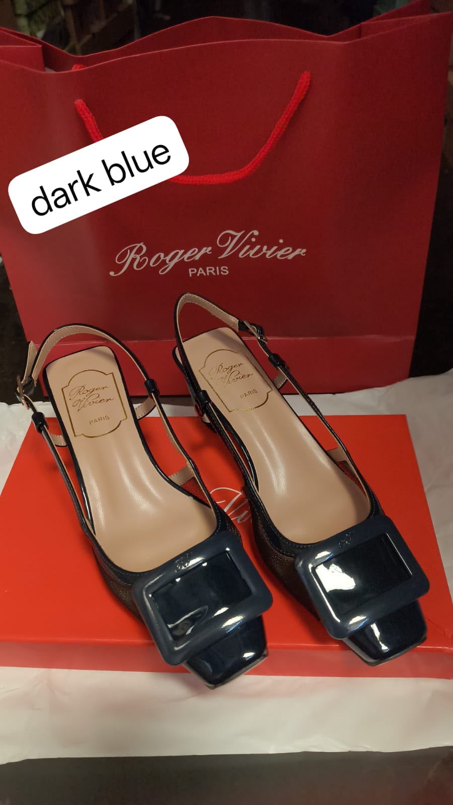 Roger Vivier Dark Blue Buckle Slingback Pumps