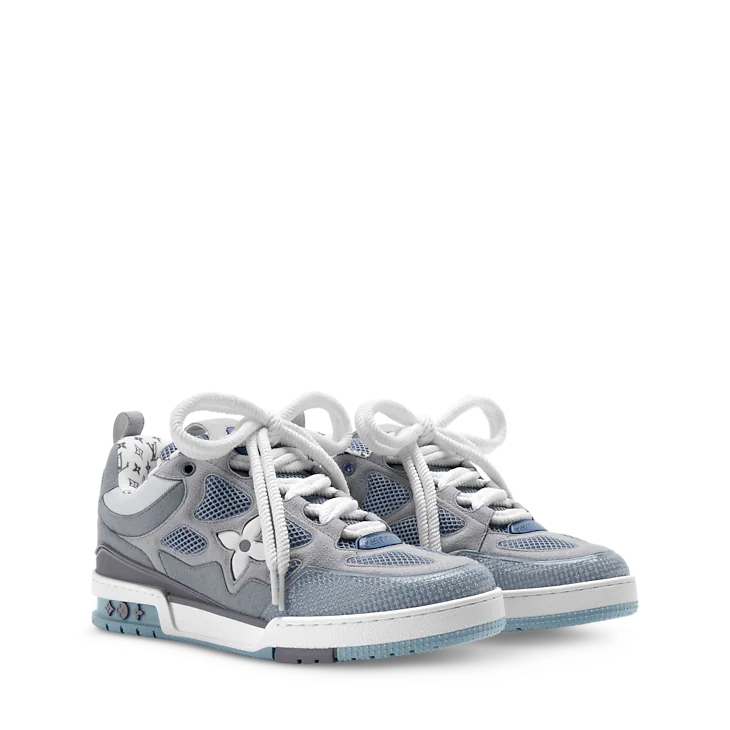 Grey & Steel Blue LV-Inspired Flower Skate Sneakers