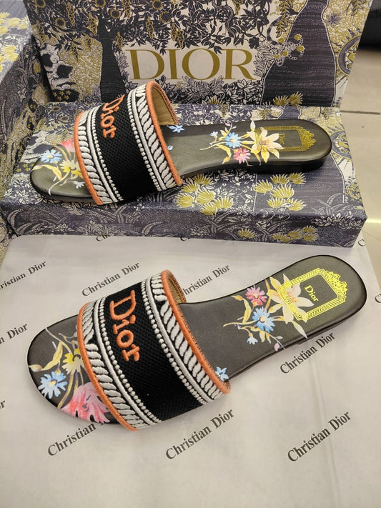 Dior Black Woven Slide Sandals – Floral Embroidered