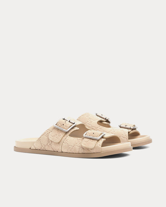 Gucci GG Double Buckle Suede Slide Sandals – Luxury Italian Footwear | Cream Ivory