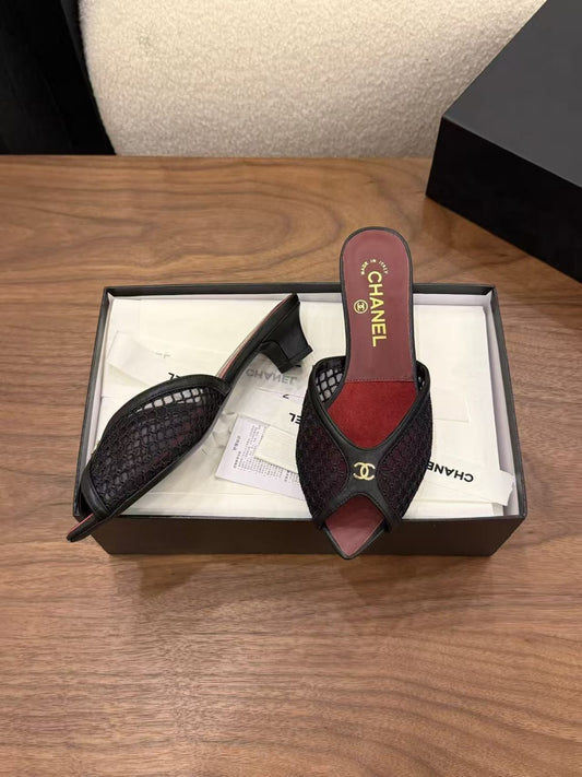 Chanel Black Mesh Open-Toe CC-Inspired Mule Sandals