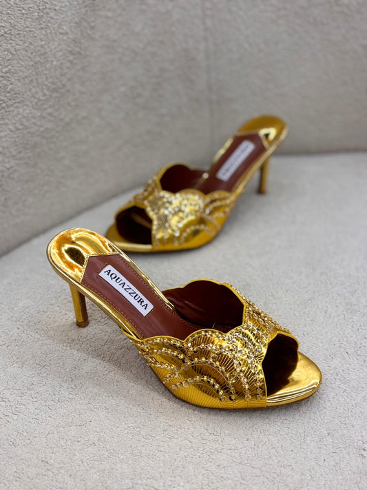 Gold Crystal Embellished Heeled Sandals