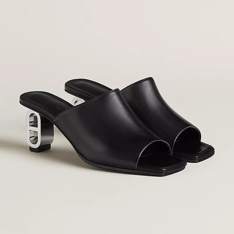 Hermès Black Leather-Link Sculptural Heel