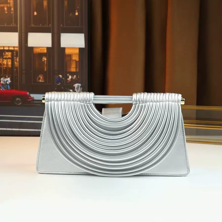 Bottega Silver Ribbed Arch Handle Clutch Bag