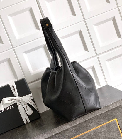 Channel Black Quilted Leather Hobo Bag with Chain Detail
