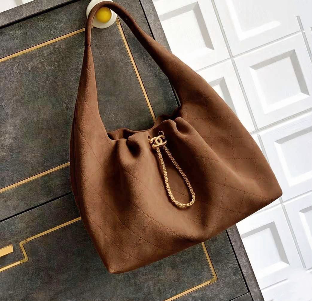 Channel Caramel Tan Quilted Suede Hobo for womens