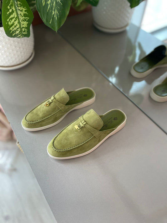 Loro Piana Women's Moss Green Suede Mule Loafers – Backless Slip-On Flats