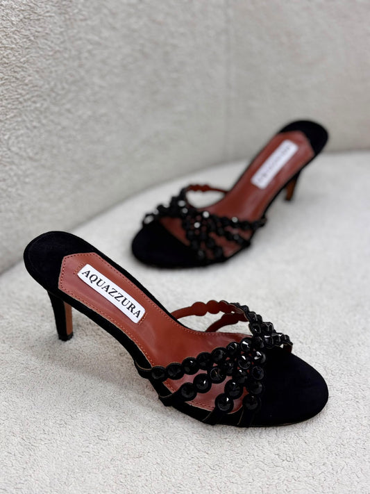 Black Crystal-Embellished Aquazzura-Heeled Sandals