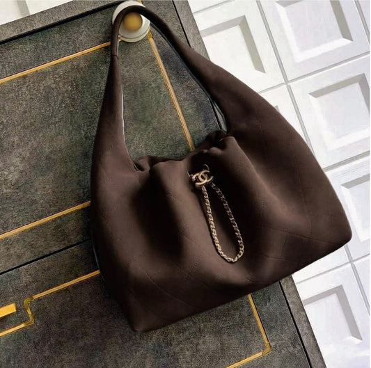 Channel Dark Brown Quilted Suede Hobo Bag for womens
