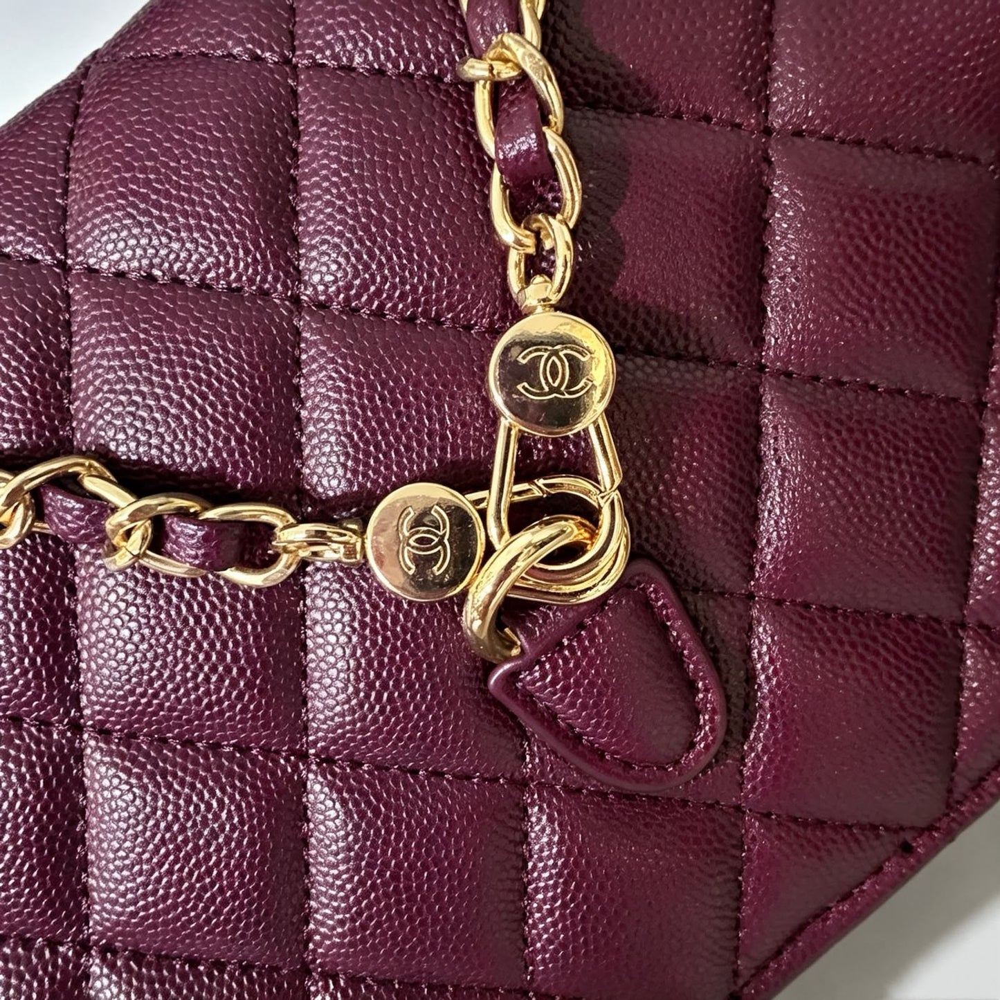 Channel-Burgundy Quilted Top Handle Bag with Gold Chain Strap