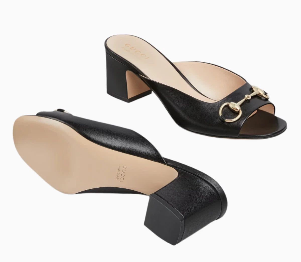 Gucci Black Leather Horsebit Block Heel Slide Sandals