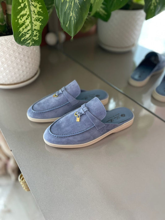 Loro Piana Women's Periwinkle Blue Suede Mule Loafers – Backless Slip-On Flats