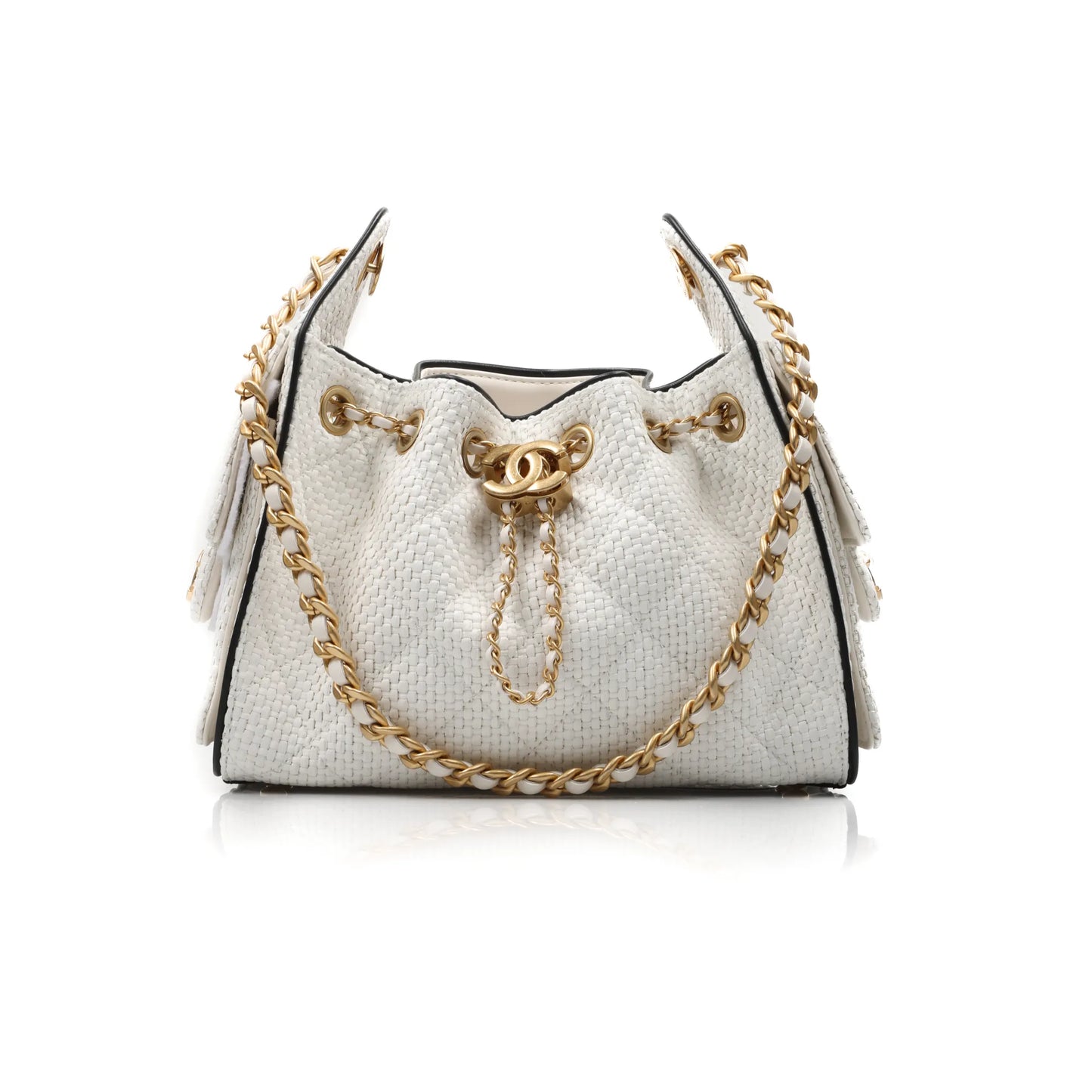 Channel White Woven Quilted Bucket Bag