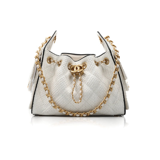 Channel White Woven Quilted Bucket Bag