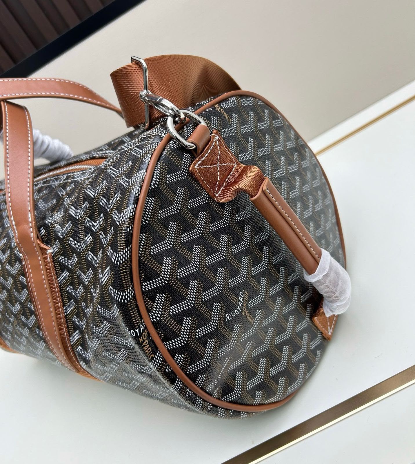 Chevron Print Leather-Trim Travel Duffel Bag for Men & Women