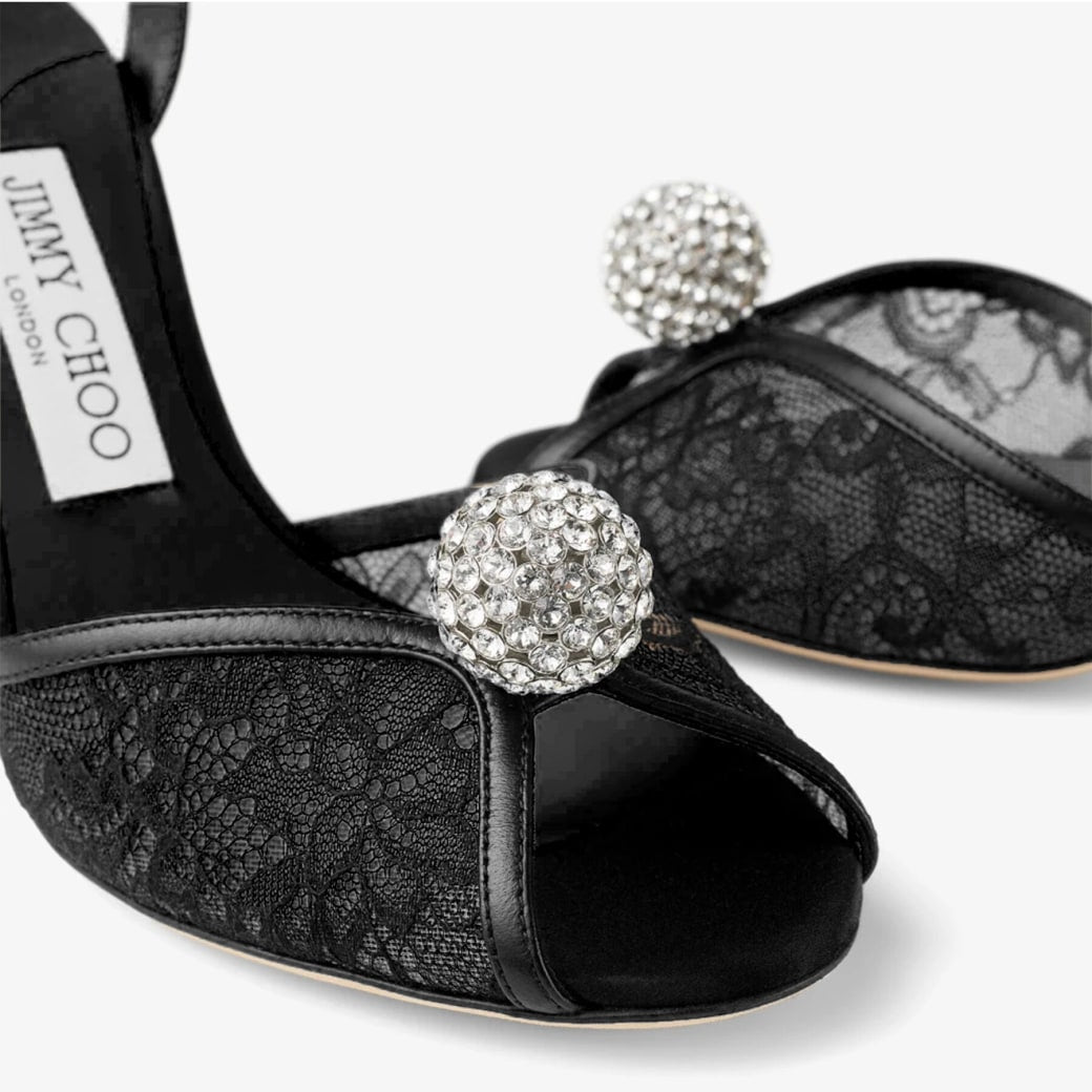 Jimmy Choo Black Lace Crystal-Heeled Sandals