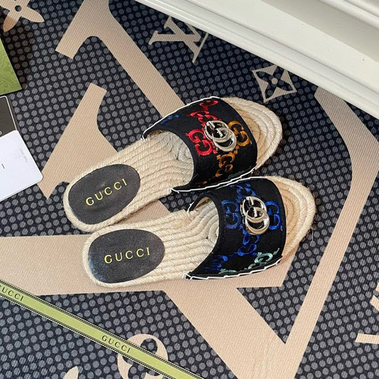 Gucci GG Multicolor Embroidered Black Canvas Espadrille Slide Sandals