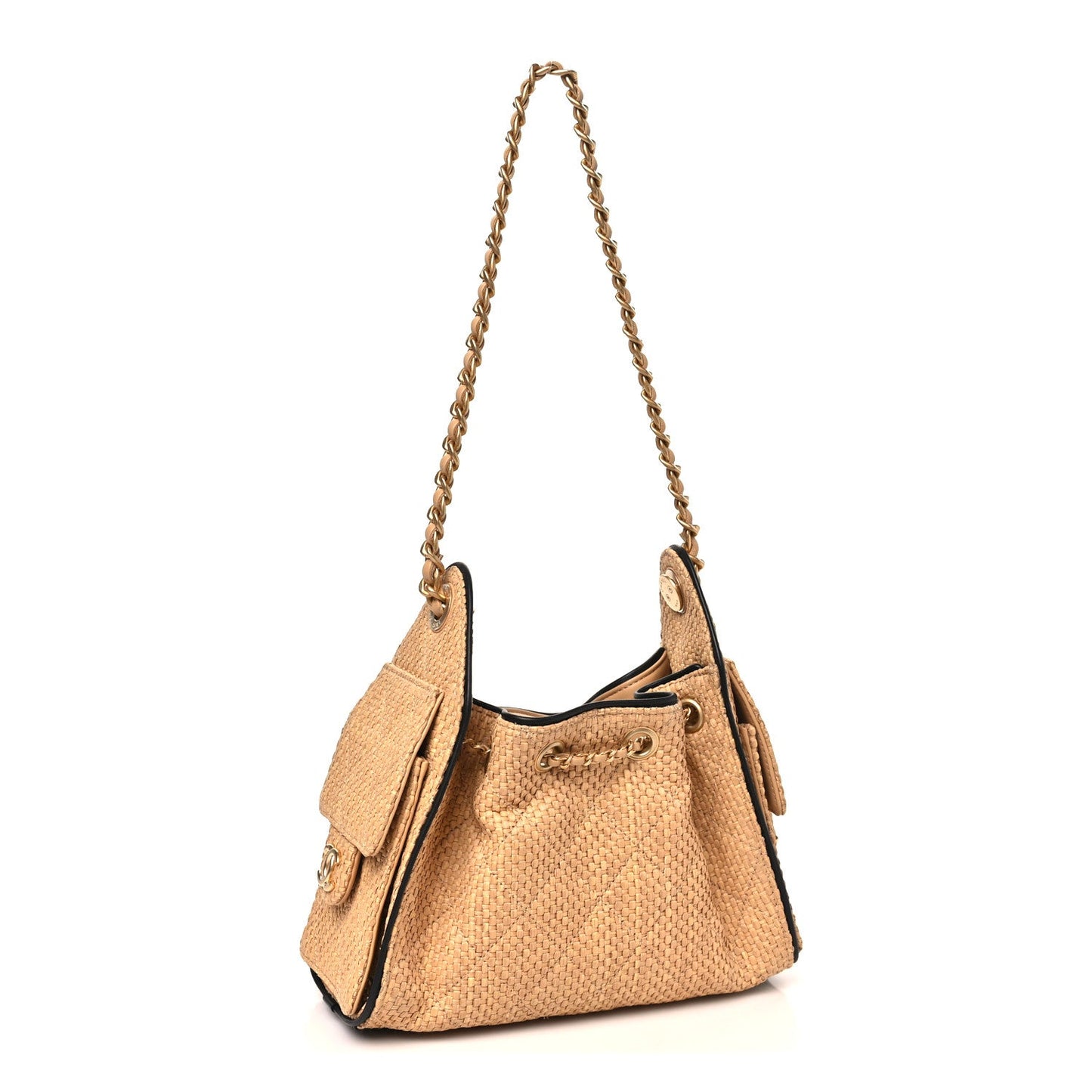 Channel Tan Woven Quilted Bucket Bag.
