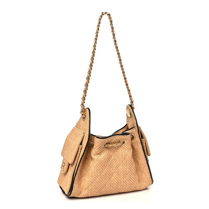 Channel Tan Woven Quilted Bucket Bag.