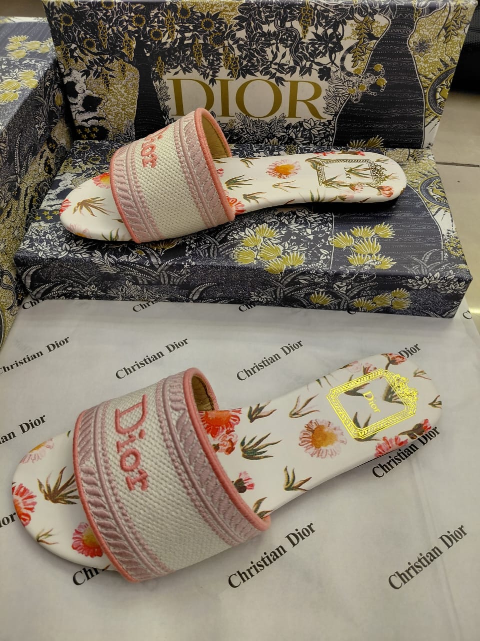 Dior Floral Woven Slide Sandals – Pink Trim Flats