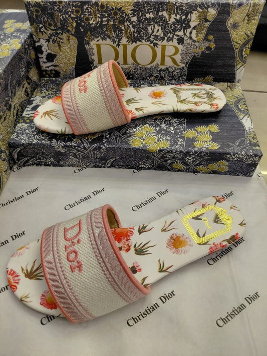 Dior Floral Woven Slide Sandals – Pink Trim Flats
