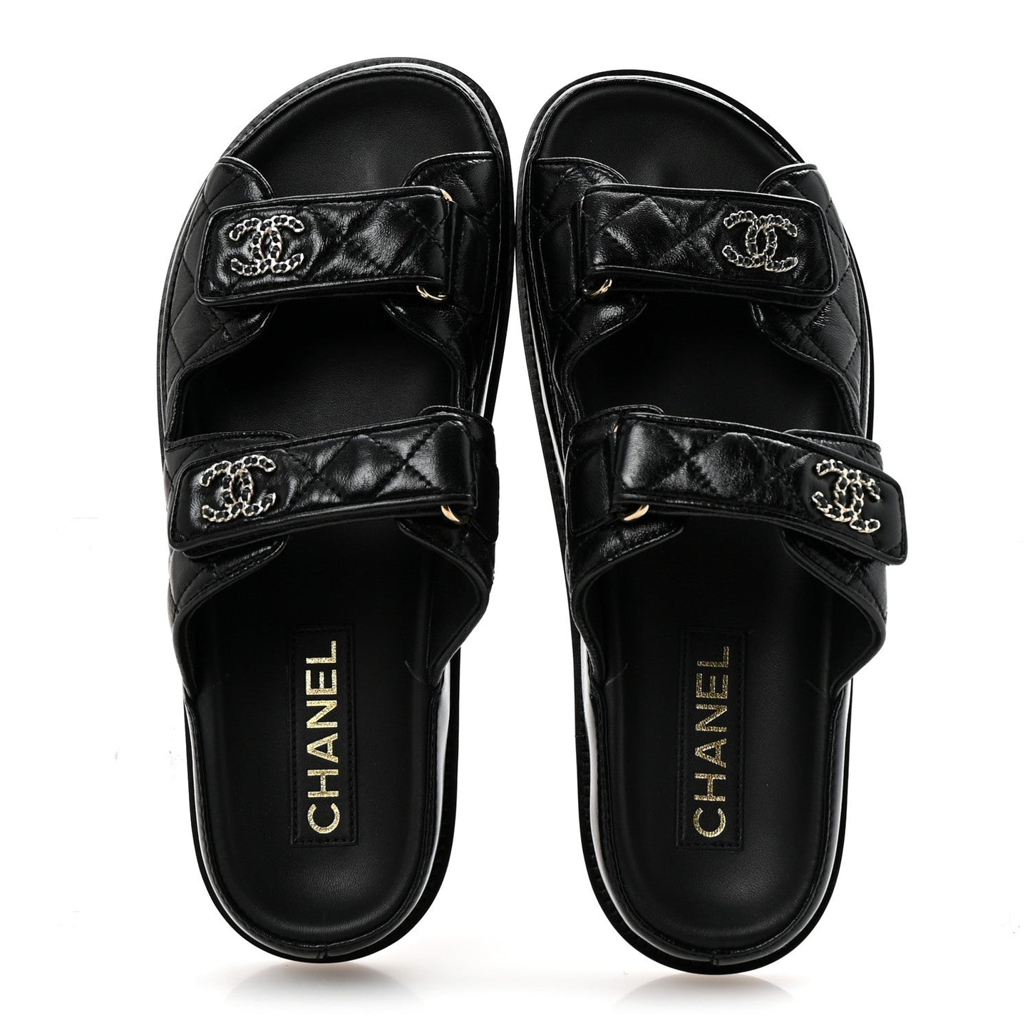 Channel Black Quilted Leather Double Strap Sandals