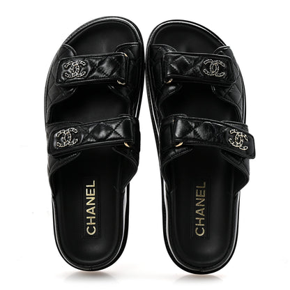 Channel Black Quilted Leather Double Strap Sandals