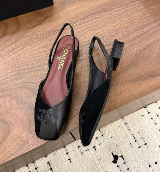 Channel Black Leather Slingback Flats