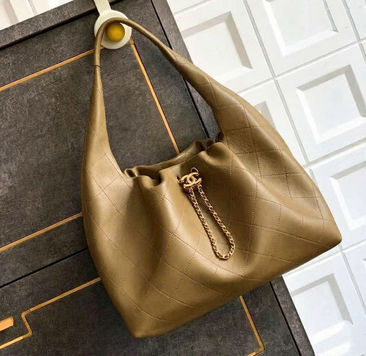Channel Olive Green Quilted Leather Hobo Bag with Chain
