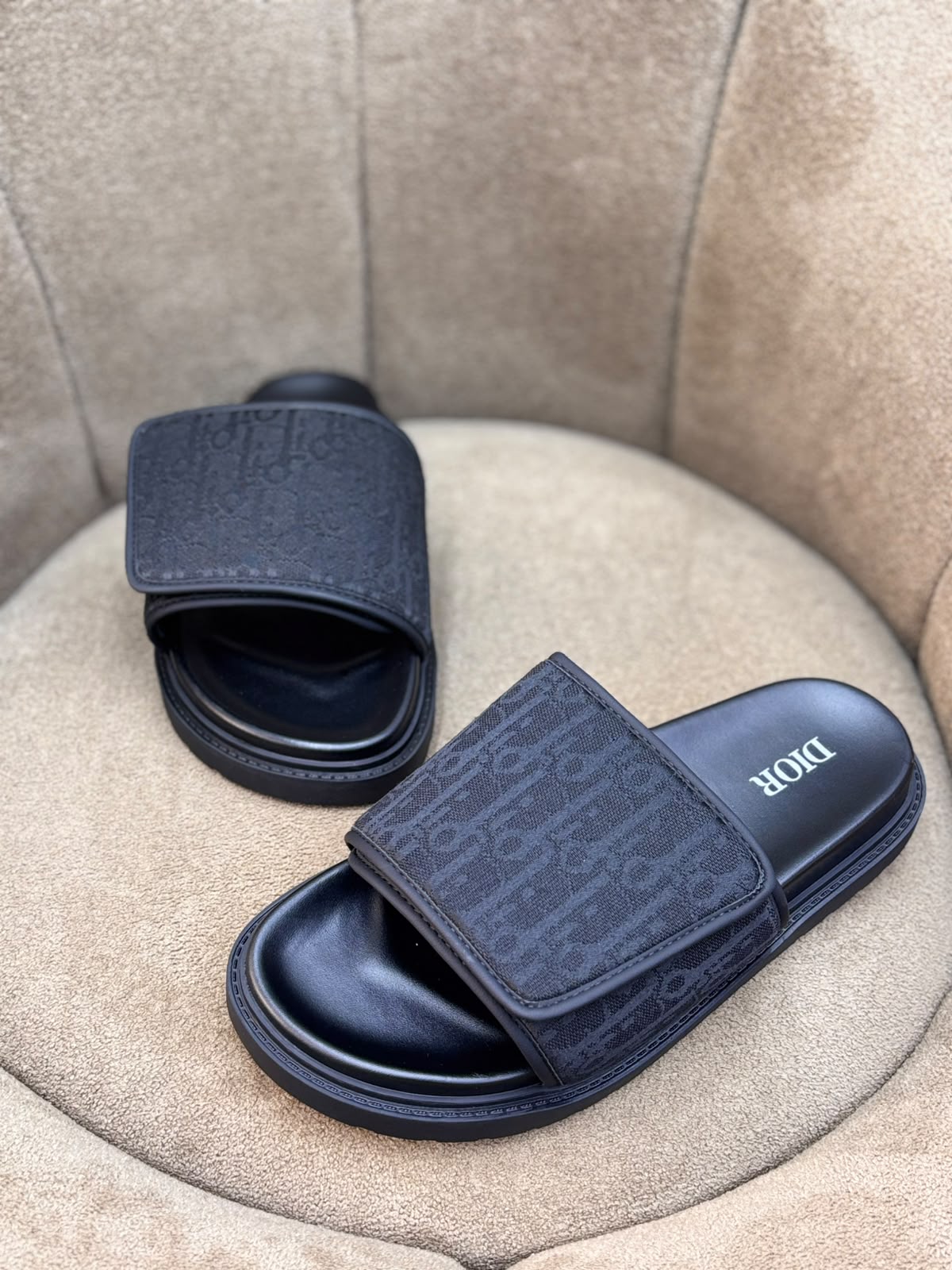 Dior Monogram Jacquard Leather Slides – Black / Charcoal