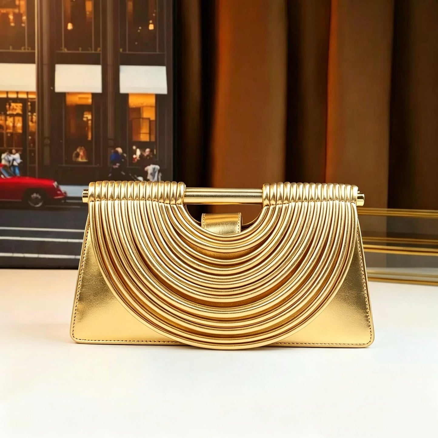 Bottega-Gold Metallic Ribbed Arch Handle Clutch Bag for women